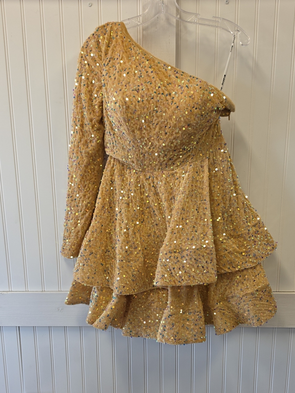 Wedding Dress NWT Formal One- Sleeve Gold Sequin Tiered Mini Dress Size 6